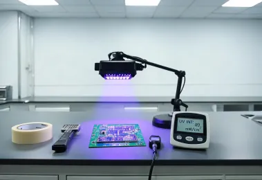 UV LED cure test bench measuring printed rigid board adhesion