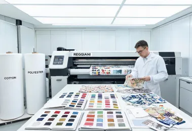 Reggiani textile inkjet lab with fabric rolls and color swatches