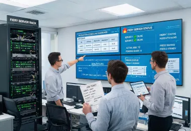 MIS workflow integration room with production scheduling dashboards