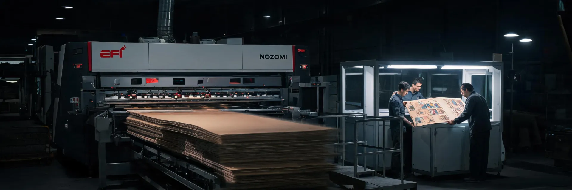 EFI inkjet press line producing calibrated packaging at night