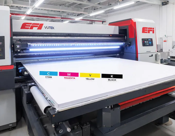 EFI VUTEk UV LED superwide flatbed printer producing calibrated signage