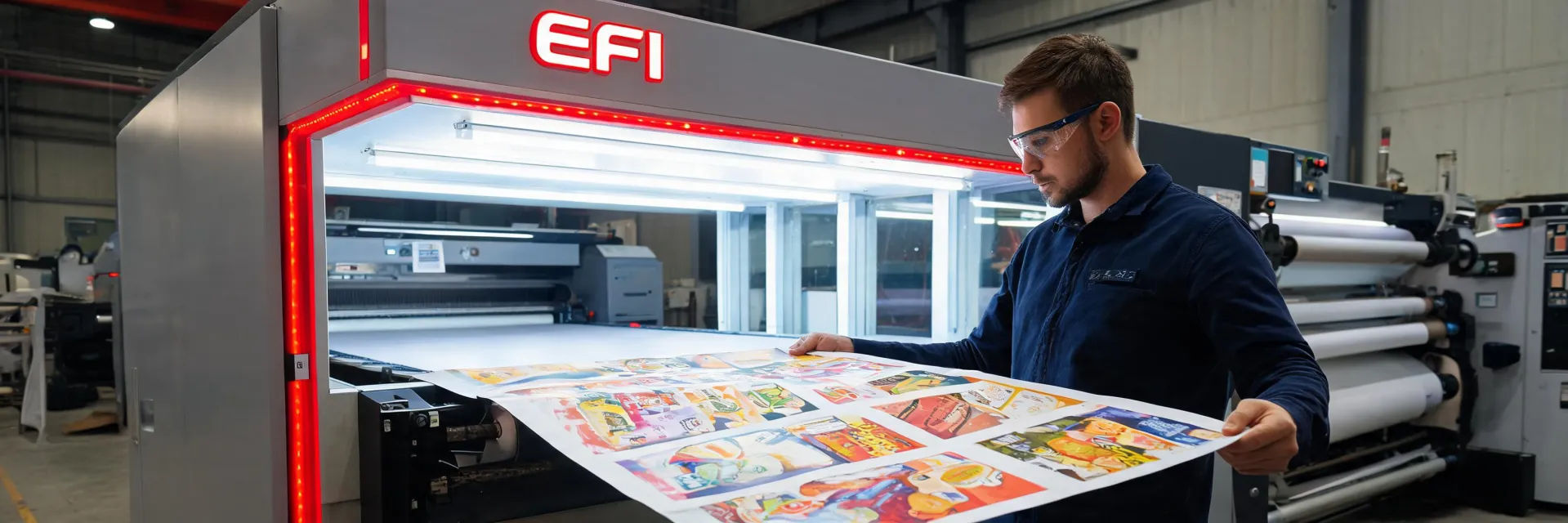 EFI industrial inkjet operator checking printed packaging under color-controlled light