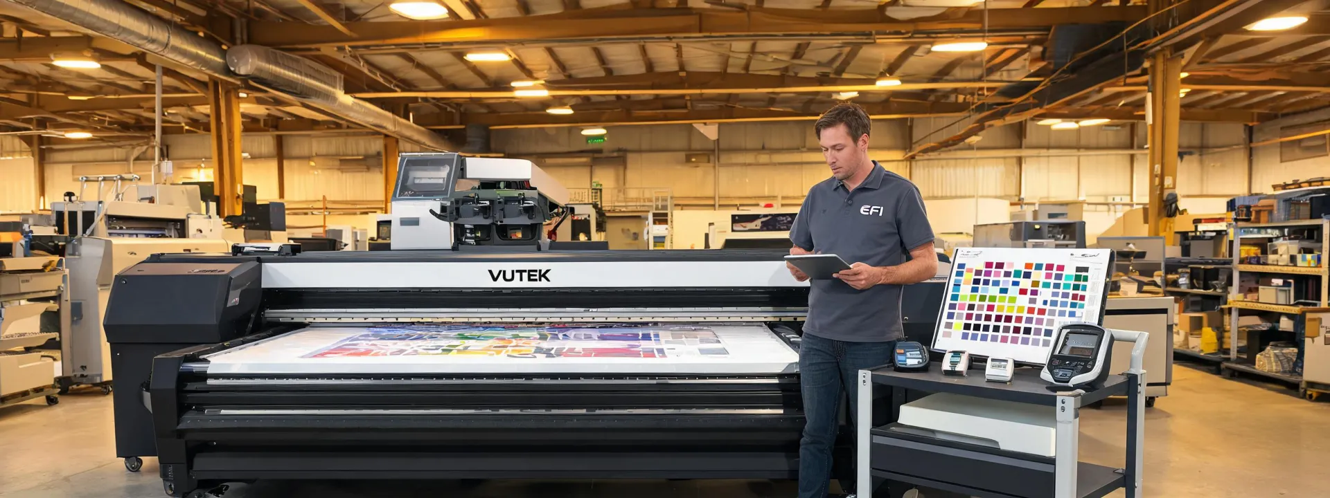 EFI applications engineer servicing a superwide UV LED printer on a production floor